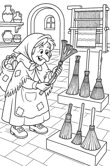 Befana met een bezem bij tentoonstellingen met oude bezems in een museum, naast een weefgetouw en potten.