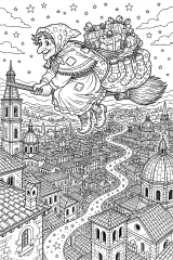 La Befana vola sopra la città antica disegno da colorare PDF gratis