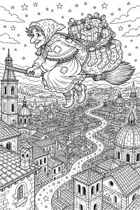 La Befana vola sopra la città antica disegno da colorare PDF gratis
