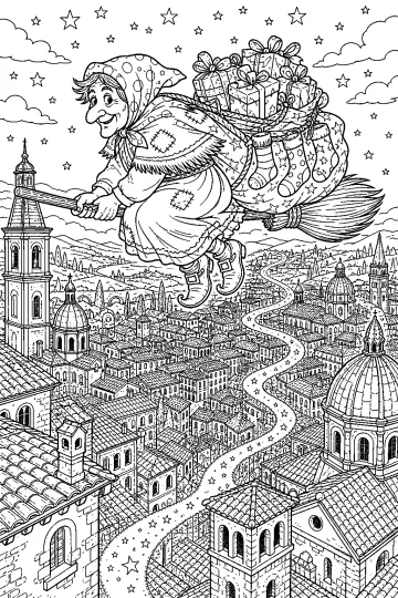 La Befana vola su una scopa carica di regali e calze sopra una città antica con torri, cupole e stelle.