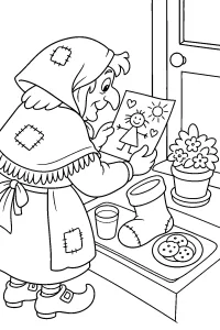 La Befana guarda un disegno sul tavolo disegno da colorare PDF gratis