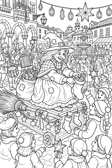 La Befana su un carro a forma di scopa distribuisce dolci durante una festa in piazza con bambini e musicisti.