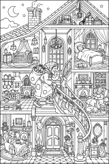 La Befana nella grande casa a più piani disegno da colorare PDF gratis