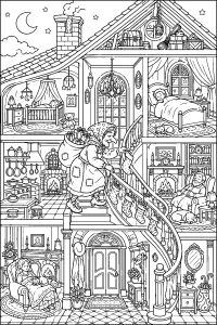 La Befana nella grande casa a più piani disegno da colorare PDF gratis