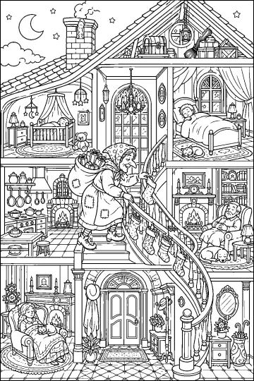 La Befana con sacco e scopa scende una scala in una grande casa a più piani con camere, cucina, calze e animali.