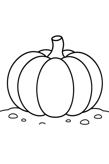 Dessin en noir et blanc d'une citrouille ronde avec une tige, de larges quartiers et de petits cailloux au sol.