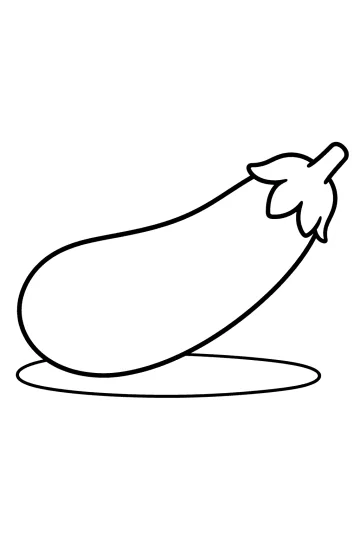 Dibujo para colorear de una berenjena alargada con hojas y tallo sobre un plato