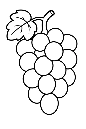 Desenho para colorir de um cacho de uvas com uvas grandes e redondas, folha de videira e cabinho