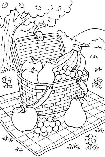 Cesta de picnic con manzanas, peras, plátanos y uvas sobre una manta de cuadros bajo un árbol