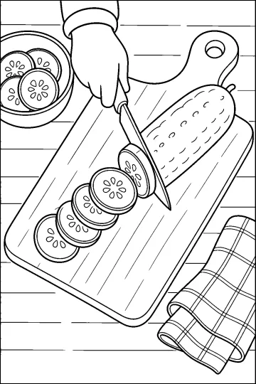Dibujo para colorear de un pepino con rodajas sobre una tabla, cuchillo, mano, cuenco y paño.