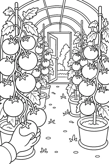 Coloriage de plants de tomates en pots dans une serre, avec une main qui cueille une tomate.