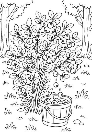 Buisson de myrtilles avec de nombreuses grappes de baies et un seau dessous, entre les arbres de la forêt.