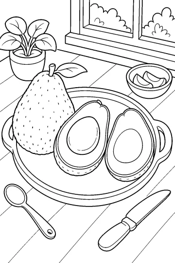 Disegno da colorare di un avocado intero e due metà con noccioli su un vassoio, accanto a una pera, cucchiaio e coltello.