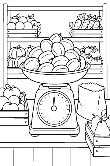Fruits dans un saladier sur une grande balance, entourés de cagettes de fruits et légumes