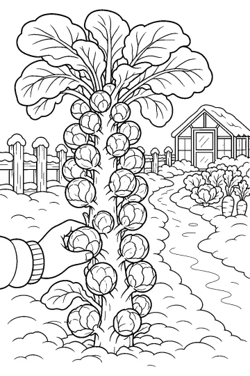 Coloriage montrant une grande tige de choux de Bruxelles dans un jardin enneigé avec clôture, petite maison et carottes.