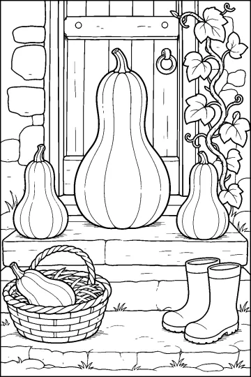 Grande zucca violina sulla soglia davanti a una porta, con altre zucche, cestino, stivali e rampicante