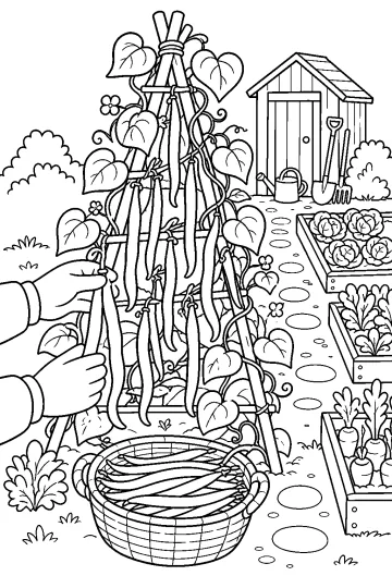 Dibujo para colorear de judías en un enrejado, con manos recogiéndolas, una cesta y un huerto al fondo.