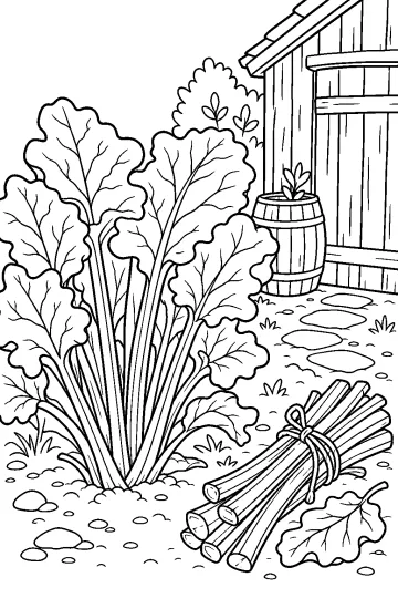 Grande planta de ruibarbo com folhas largas, caules amarrados, barril e barracão