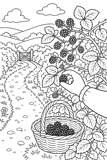 Desenho para colorir de um arbusto de amoras, uma mão colhendo um fruto e um cesto junto a um caminho rural