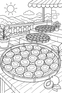 Albicocche sui vassoi al sole disegno da colorare PDF gratis