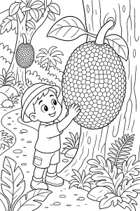 Bambino con jackfruit gigante sull'albero disegno da colorare PDF gratis