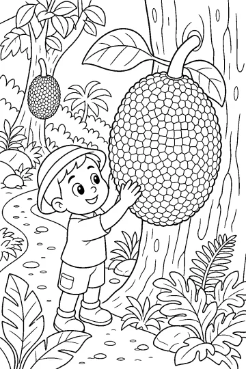 Bambino che tocca un grande jackfruit attaccato al tronco di un albero nella foresta