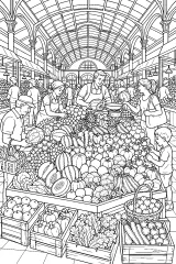 Grande banco di frutta e verdura al mercato disegno da colorare PDF gratis