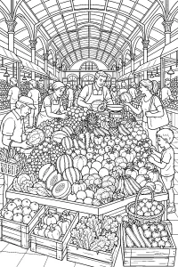 Grande banco di frutta e verdura al mercato disegno da colorare PDF gratis