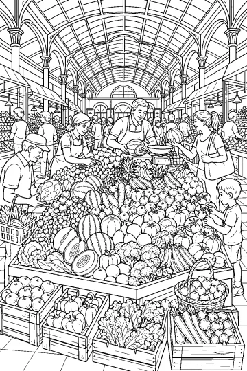 Disegno da colorare di un grande banco di frutta e verdura in un mercato coperto con venditori e clienti