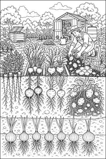 Disegno da colorare di un orto in sezione con radici sottoterra, patate, cipolle e un ortolano.