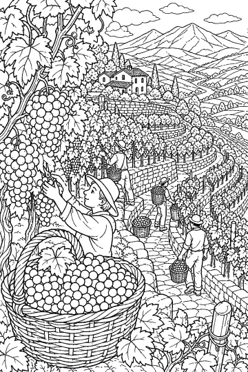 Disegno da colorare di raccoglitori nei vigneti terrazzati con grandi grappoli d'uva, cesti, casale e montagne.