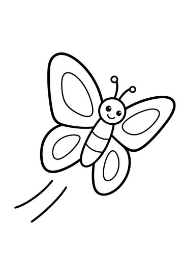 Farfalla sorridente in volo con grandi ali decorate e due linee di movimento