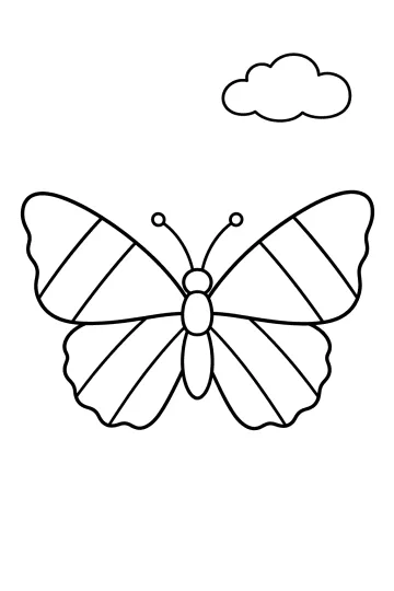 Disegno da colorare di una farfalla vista dall'alto con fasce diagonali sulle ali e una nuvola sopra