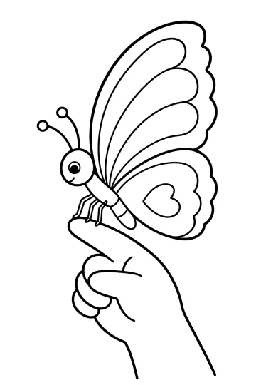 Coloring page of a butterfly with large wings resting on a finger of a hand