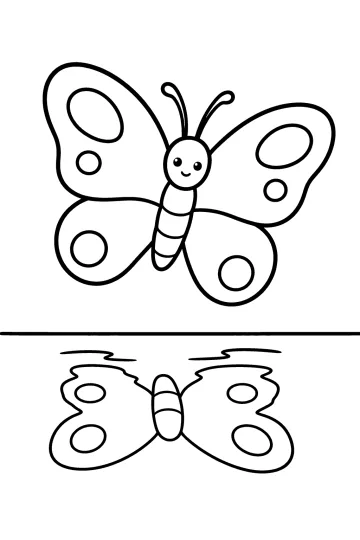 Disegno di una farfalla sorridente sopra una linea d'acqua con il suo riflesso sotto