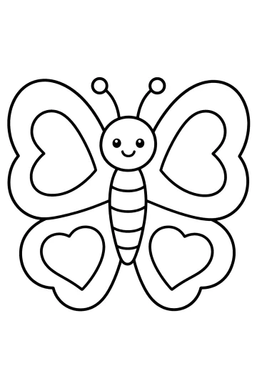 Disegno di una farfalla sorridente con grandi ali decorate da forme a cuore