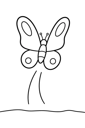 Disegno di una farfalla con ali decorate, linee curve sotto e linea del terreno