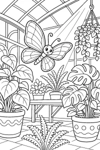 Farfalla nella serra tra le piante disegno da colorare PDF gratis