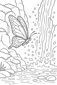 Farfalla davanti alla cascata disegno da colorare PDF gratis