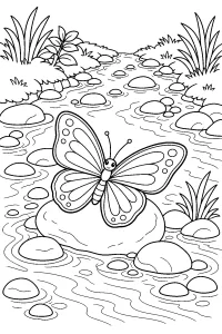 Papillon sur un rocher dans le ruisseau dessin à colorier PDF gratuit