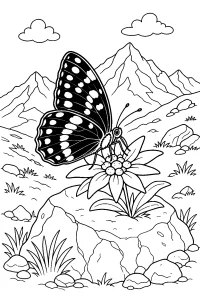 Papillon sur une fleur dans les montagnes dessin à colorier PDF gratuit