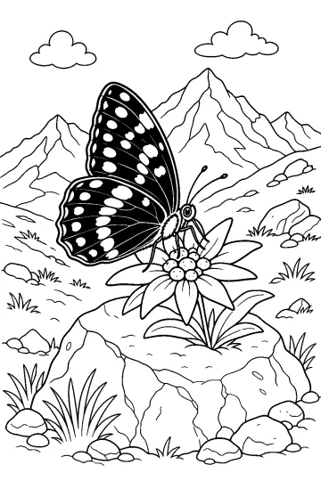 Mariposa de alas decoradas sobre una flor grande entre rocas, hierba y montañas