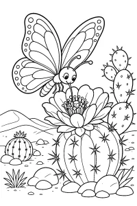 Mariposa en una flor de cactus dibujo para colorear PDF gratis