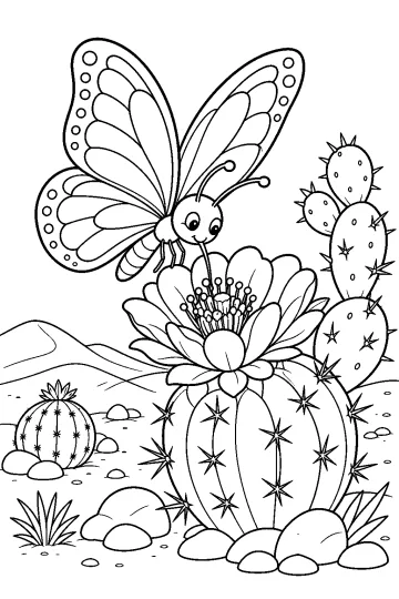 Vlinder met versierde vleugels boven een grote bloem naast stekelige cactussen in de woestijn