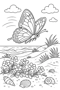 Butterfly among flowers and beach dunes coloring page free PDF