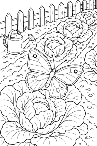 Butterfly Among Cabbages in the Garden coloring page free PDF