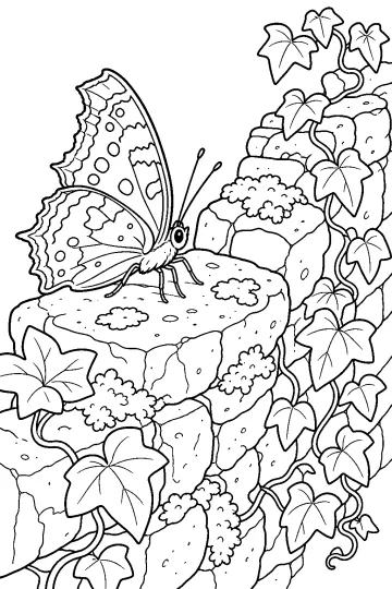 Mariposa de alas decoradas sobre piedras junto a un muro cubierto de hiedra