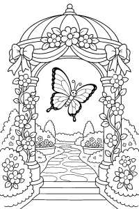 Farfalla nel gazebo fiorito disegno da colorare PDF gratis