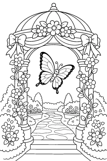 Mariposa bajo un cenador decorado con flores, lazos y columnas en un jardín