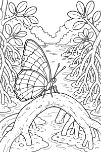 Farfalla sulle radici di mangrovia disegno da colorare PDF gratis